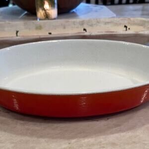 Descoware Cast Iron enameled flame red Gratin oval pan Belgium Vintage